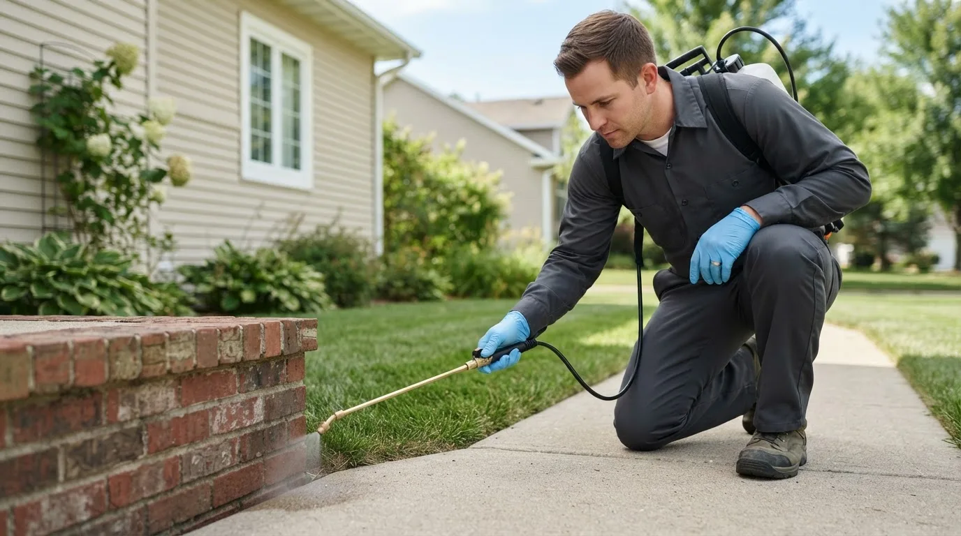 Pest control technician treating a home near Sainte Marie, IL
