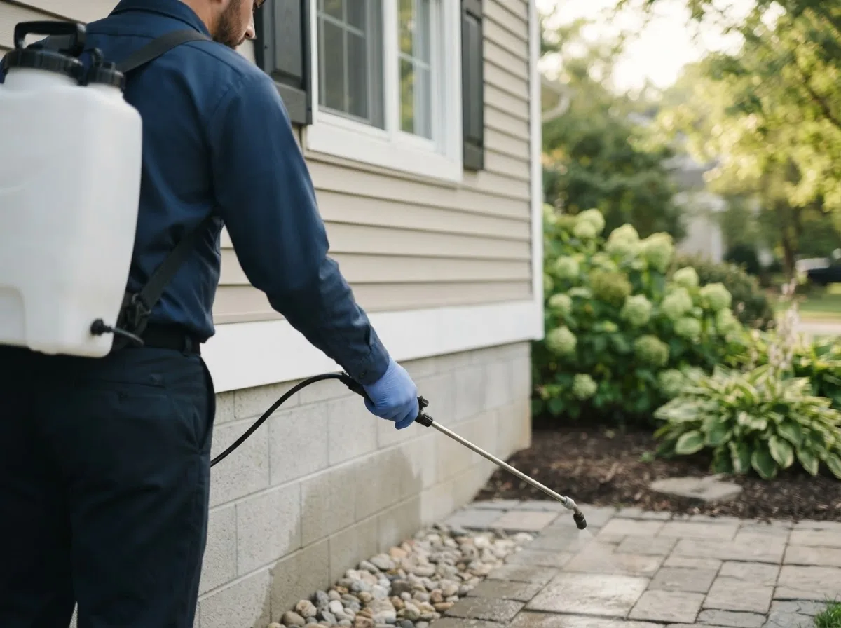 Pest control technician inspecting a home in Sainte Marie, IL